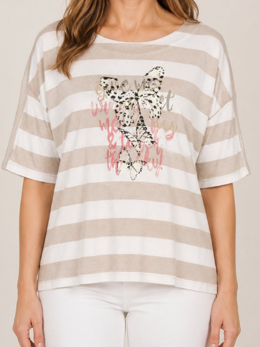Olsen Cora Jersey Butterfly Top | 100% Cotton | Size 14 | Beige & White Stripe